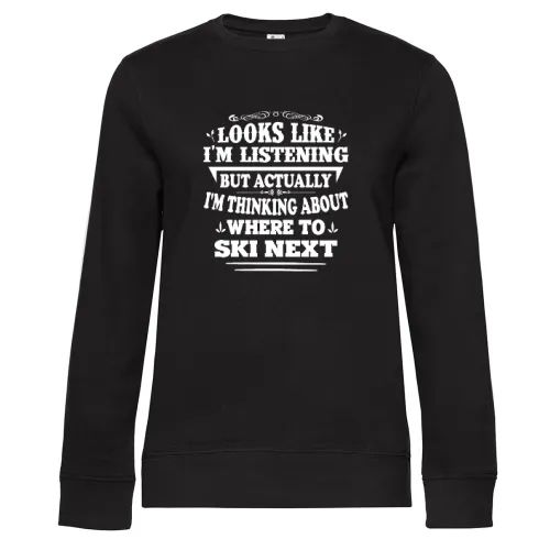 Ski Skifahrer Skifahren Thinking Where To Ski Next Sweat Frauen Queen Crew Neck