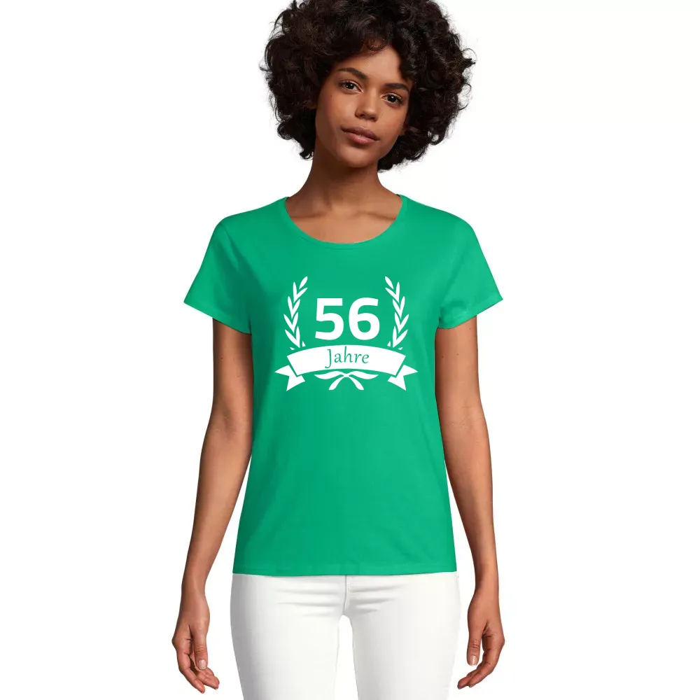 nachhaltiges Frauen T-Shirt mit Aufdruck '56 Geburtstag im Lorbeerkranz'