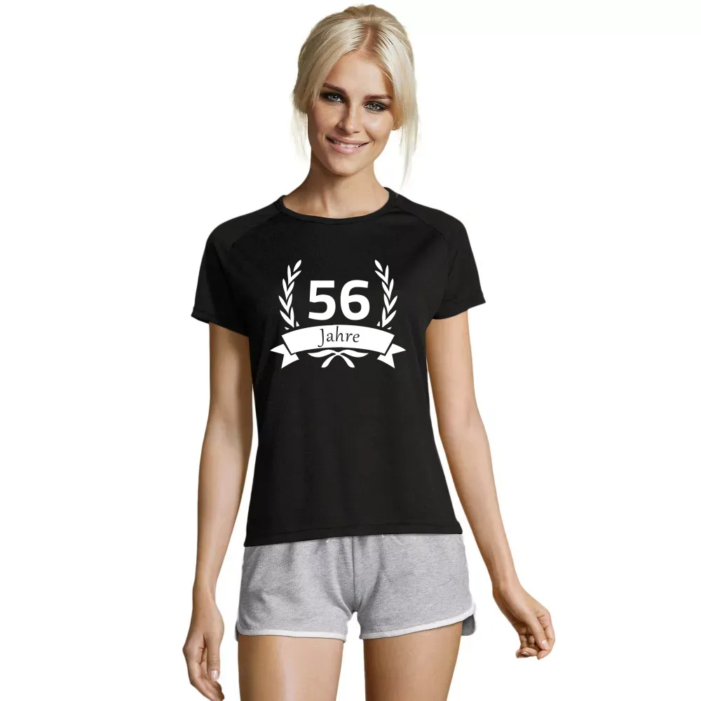 Sport Frauen T-Shirt mit Aufdruck '56 Geburtstag im Lorbeerkranz'