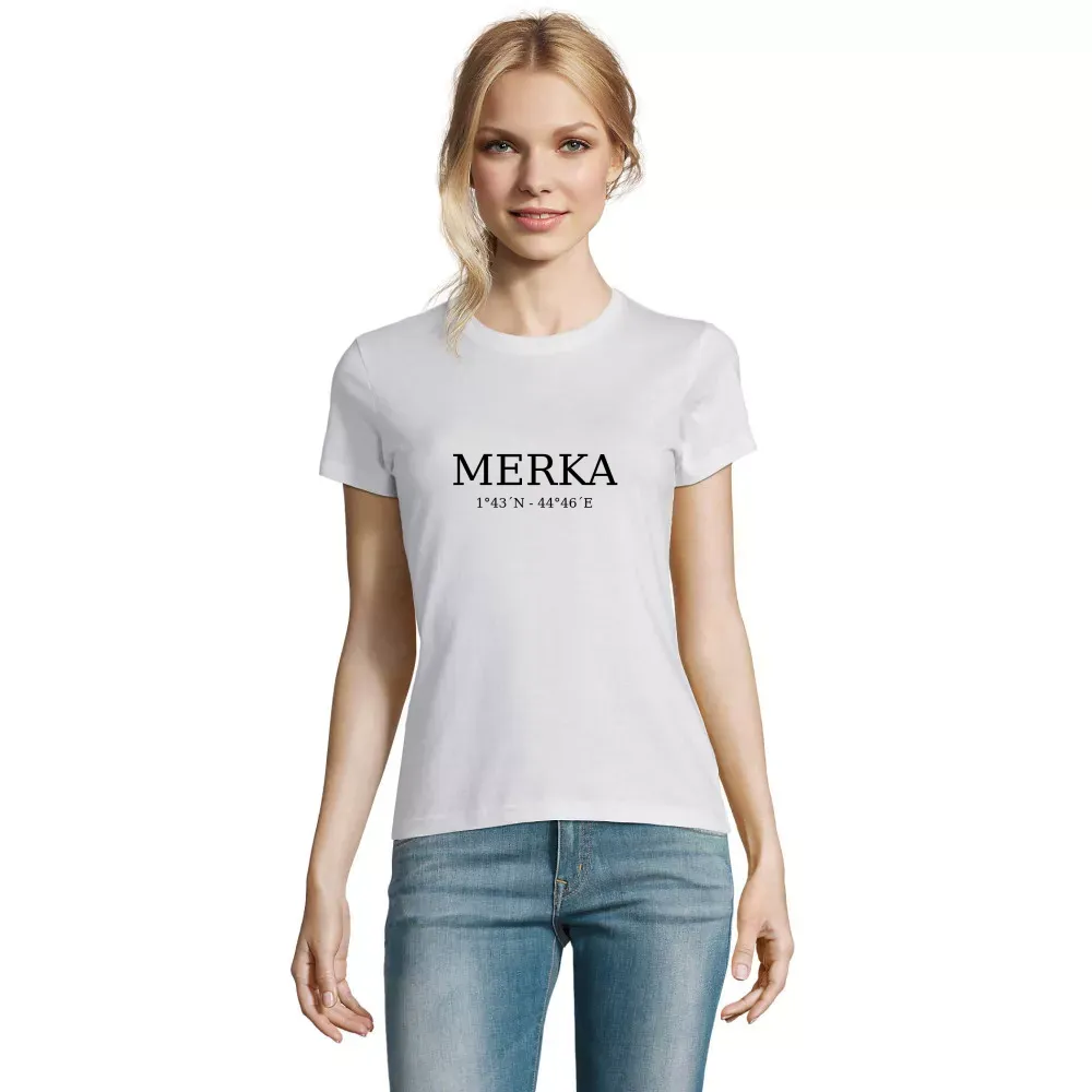  Frauen T-Shirt mit Aufdruck 'Merka Koordinaten'