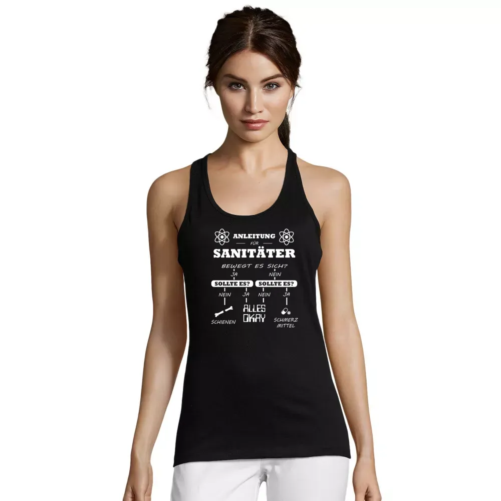 ärmelloses Frauen T-Shirt mit Aufdruck 'Sanitäter Anleitung Notfallsanitäter Checkliste'