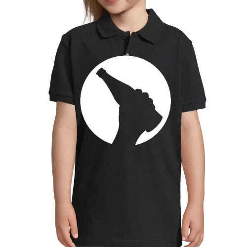 Biermond mit einer Bierflasche in der Hand Kinder Polo