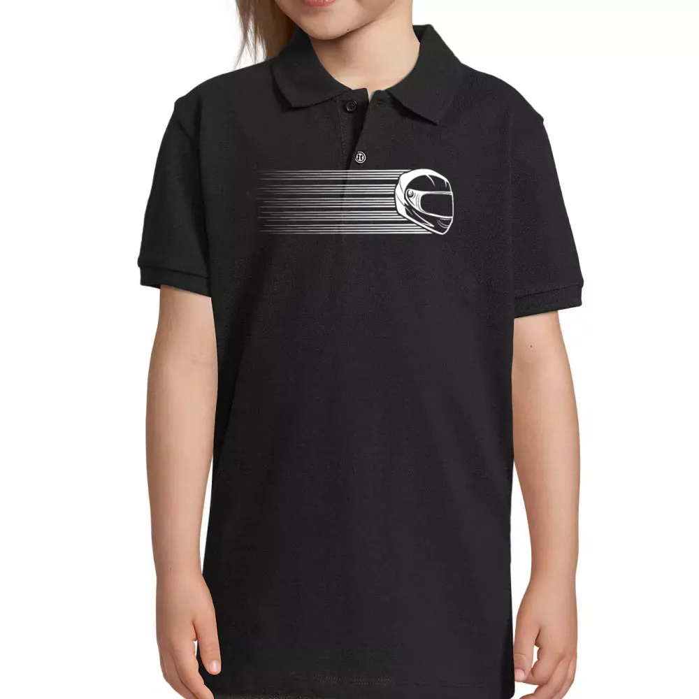  Kinder Polo mit Aufdruck 'Motorradfahrerin Rennmaschine Helm Vintage'