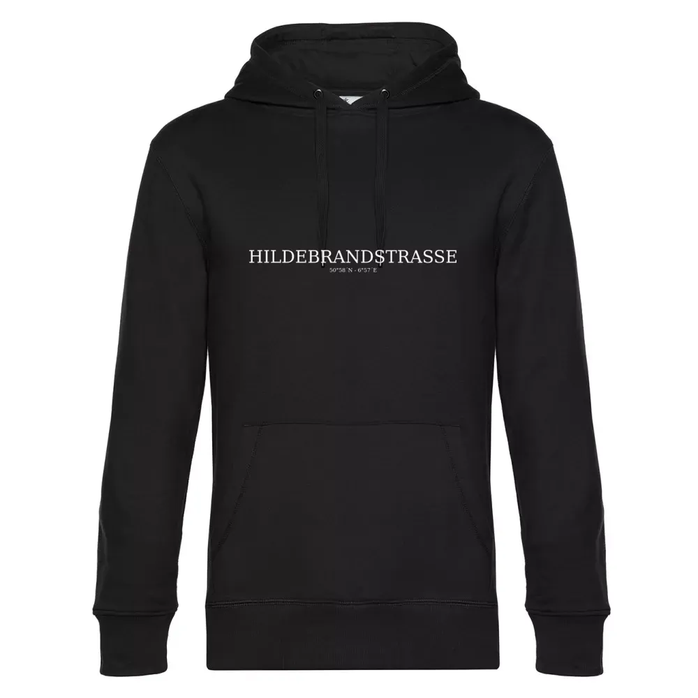  Männer Hoodie mit Aufdruck 'Hildebrandstraße Koordinaten'