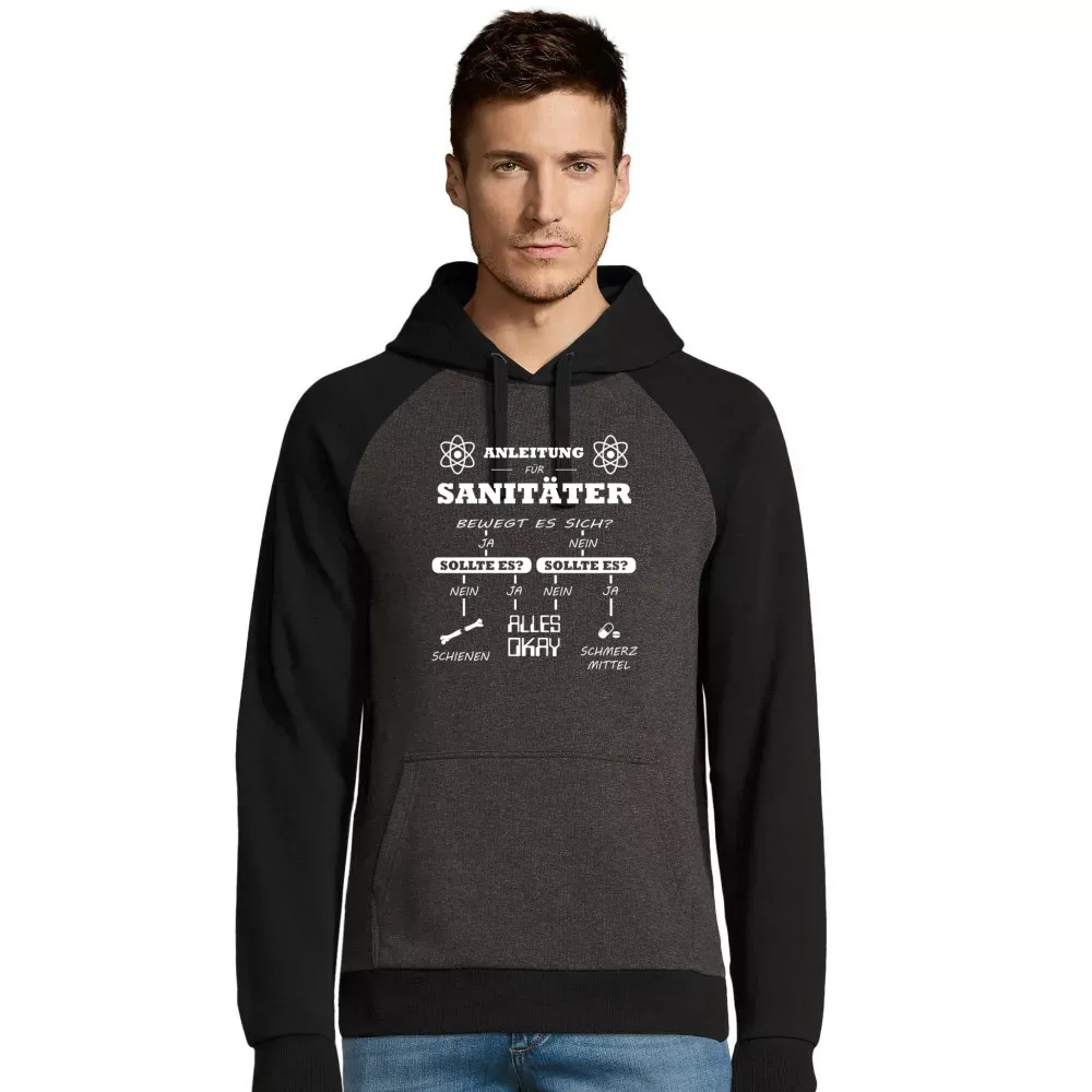 zweifarbiger Männer Hoodie mit Aufdruck 'Sanitäter Anleitung Notfallsanitäter Checkliste'
