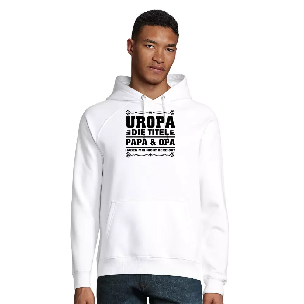 nachhaltiger Männer Hoodie mit Aufdruck 'Uropa Opa Baby Papa Titel Opi Großvater Vatertag'