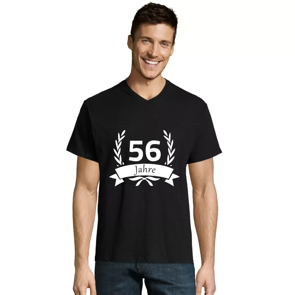V-Ausschnitt Männer T-Shirt mit Aufdruck '56 Geburtstag im Lorbeerkranz'