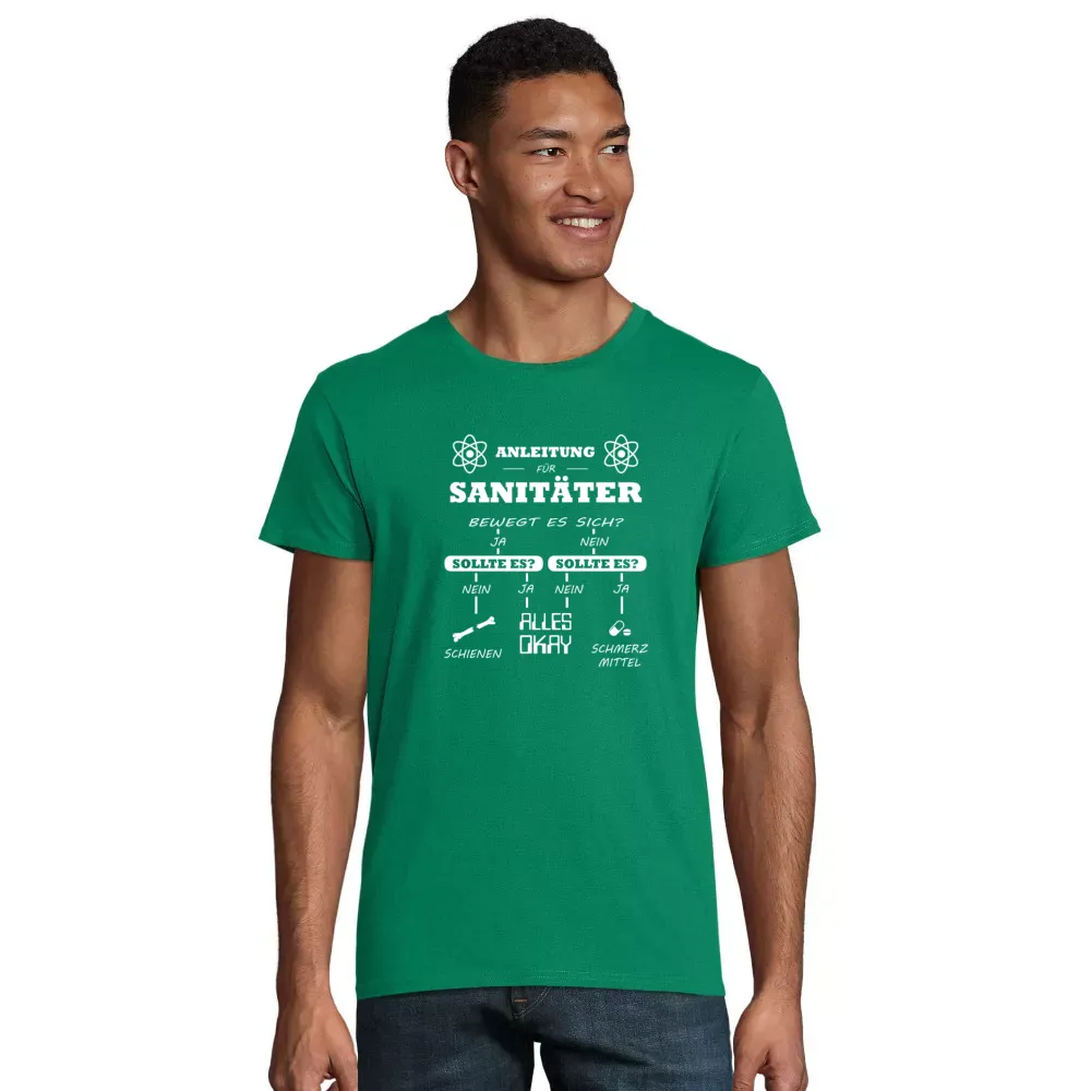 nachhaltiges Männer T-Shirt mit Aufdruck 'Sanitäter Anleitung Notfallsanitäter Checkliste'