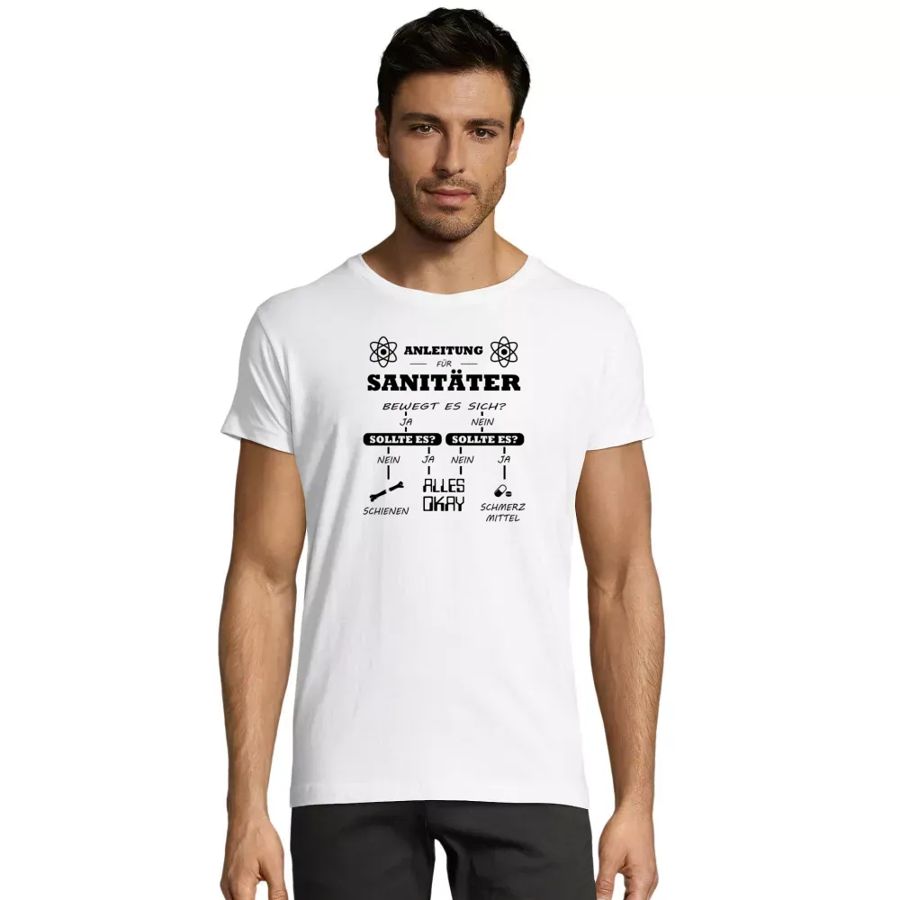 körperbetontes Männer T-Shirt mit Aufdruck 'Sanitäter Anleitung Notfallsanitäter Checkliste'