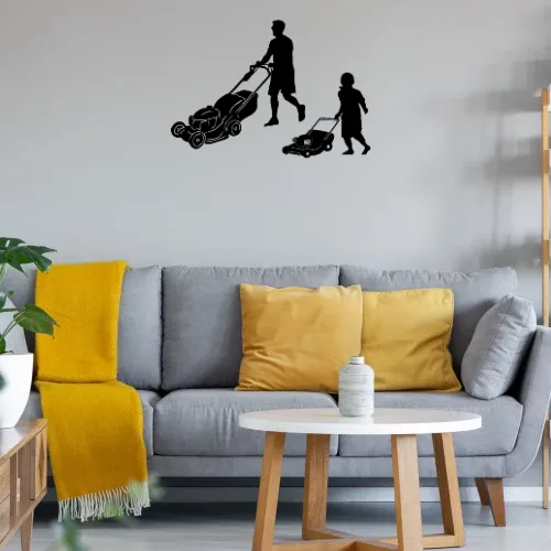 Rasen Mähen Vater Sohn Gartenarbeit Rasenmäher Wandtattoo