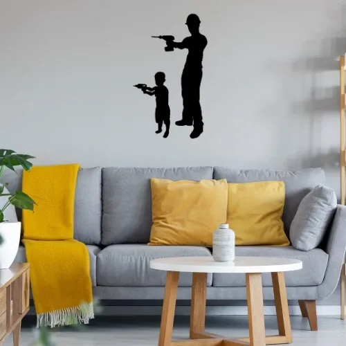 Vater Sohn Heimwerker mit Bohrmaschine Handwerker Wandtattoo